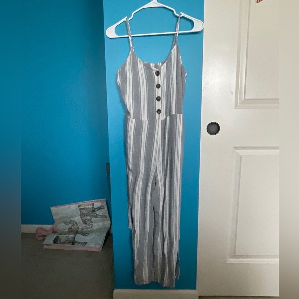 SO Gray and White Relaxed Jumpsuit with Collared Neckline